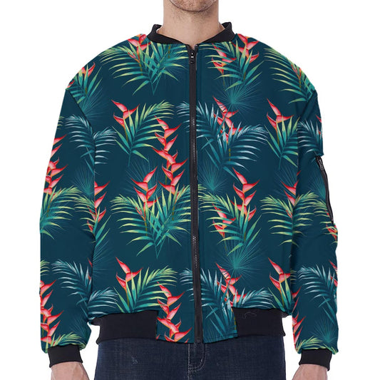 Tropical Plants Hawaii Pattern Print Zip Sleeve Bomber Jacket