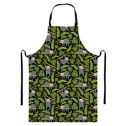Tropical Sloth Pattern Print Bib Apron With Pocket