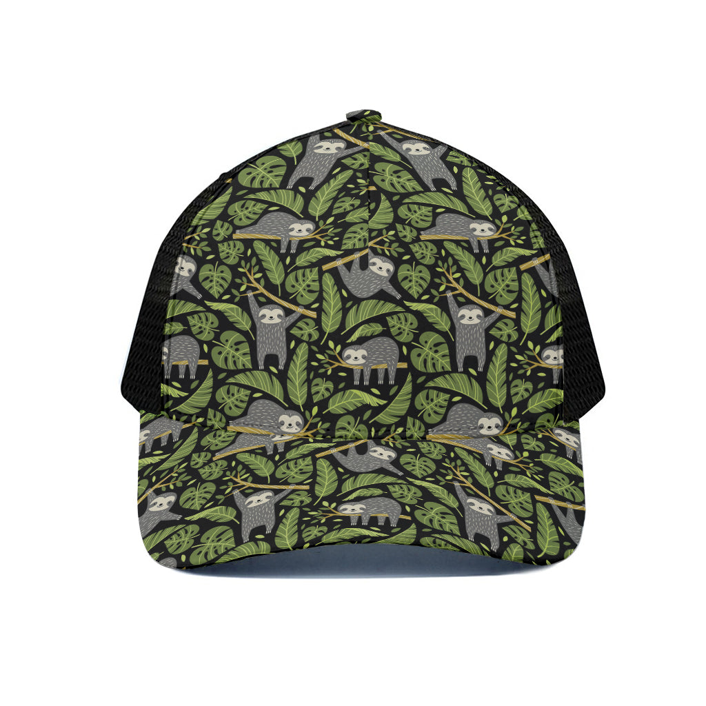 Tropical Sloth Pattern Print Black Mesh Trucker Cap