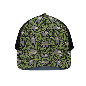 Tropical Sloth Pattern Print Black Mesh Trucker Cap