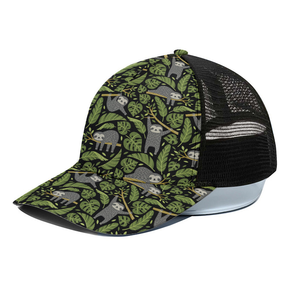 Tropical Sloth Pattern Print Black Mesh Trucker Cap