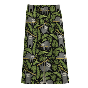 Tropical Sloth Pattern Print Cotton Front Slit Maxi Skirt