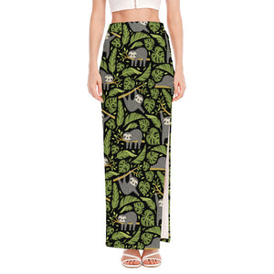 Tropical Sloth Pattern Print High Slit Maxi Skirt