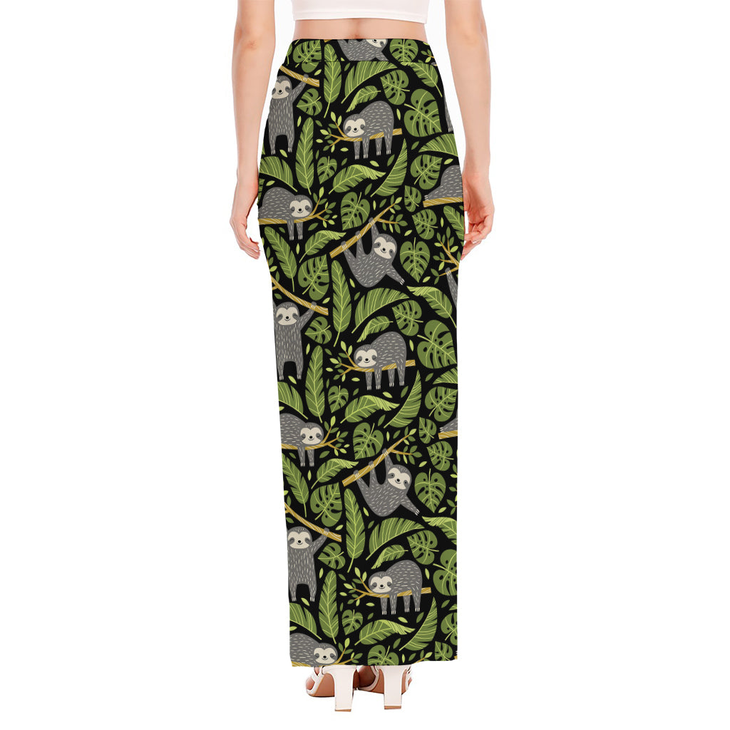 Tropical Sloth Pattern Print High Slit Maxi Skirt