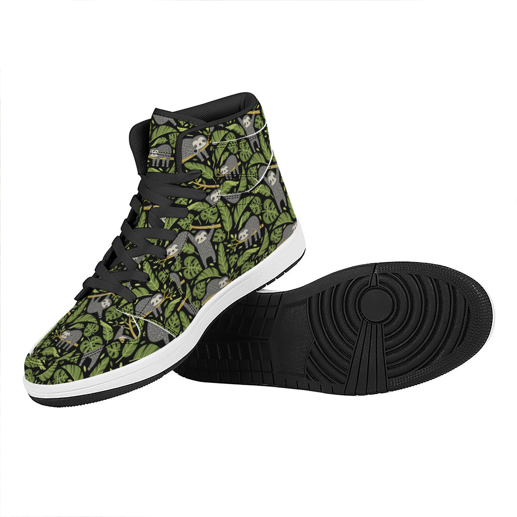 Tropical Sloth Pattern Print High Top Leather Sneakers