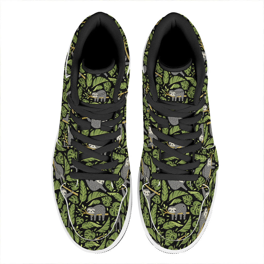 Tropical Sloth Pattern Print High Top Leather Sneakers