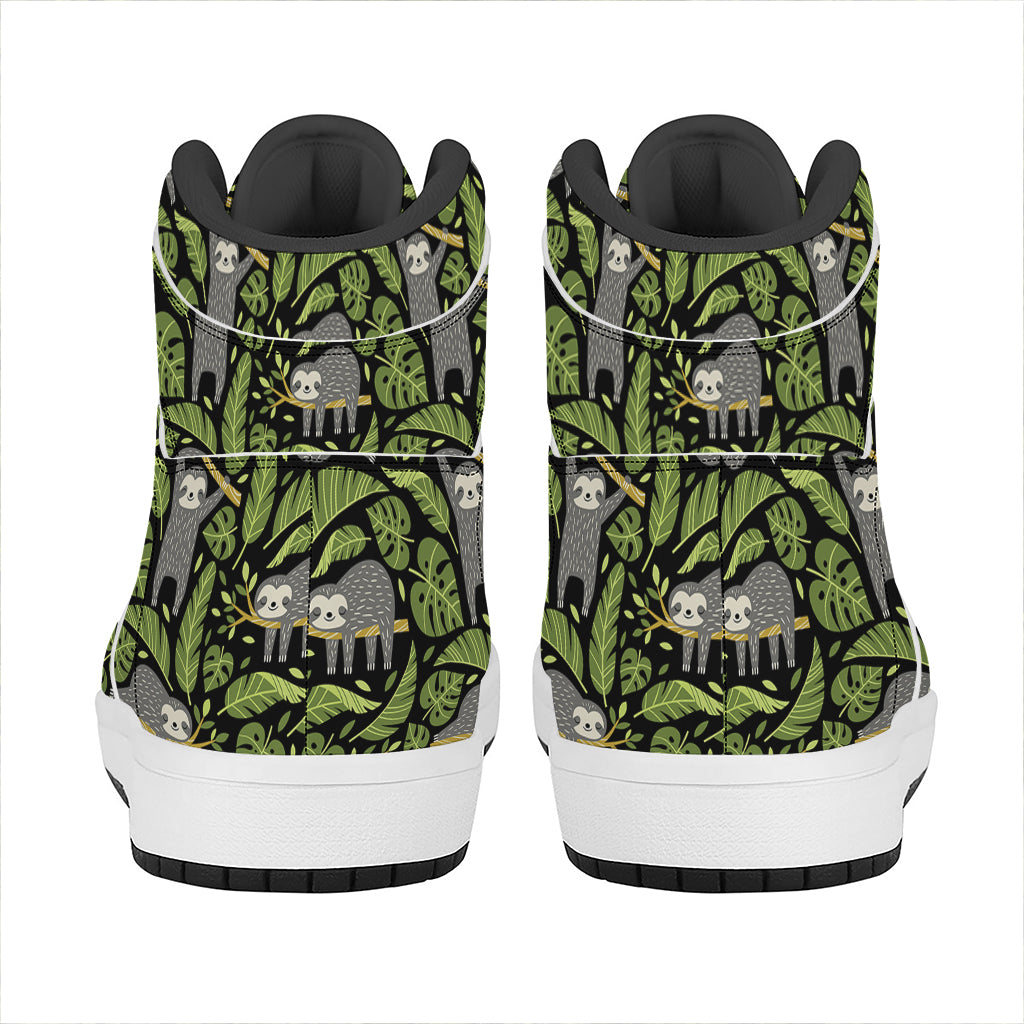 Tropical Sloth Pattern Print High Top Leather Sneakers