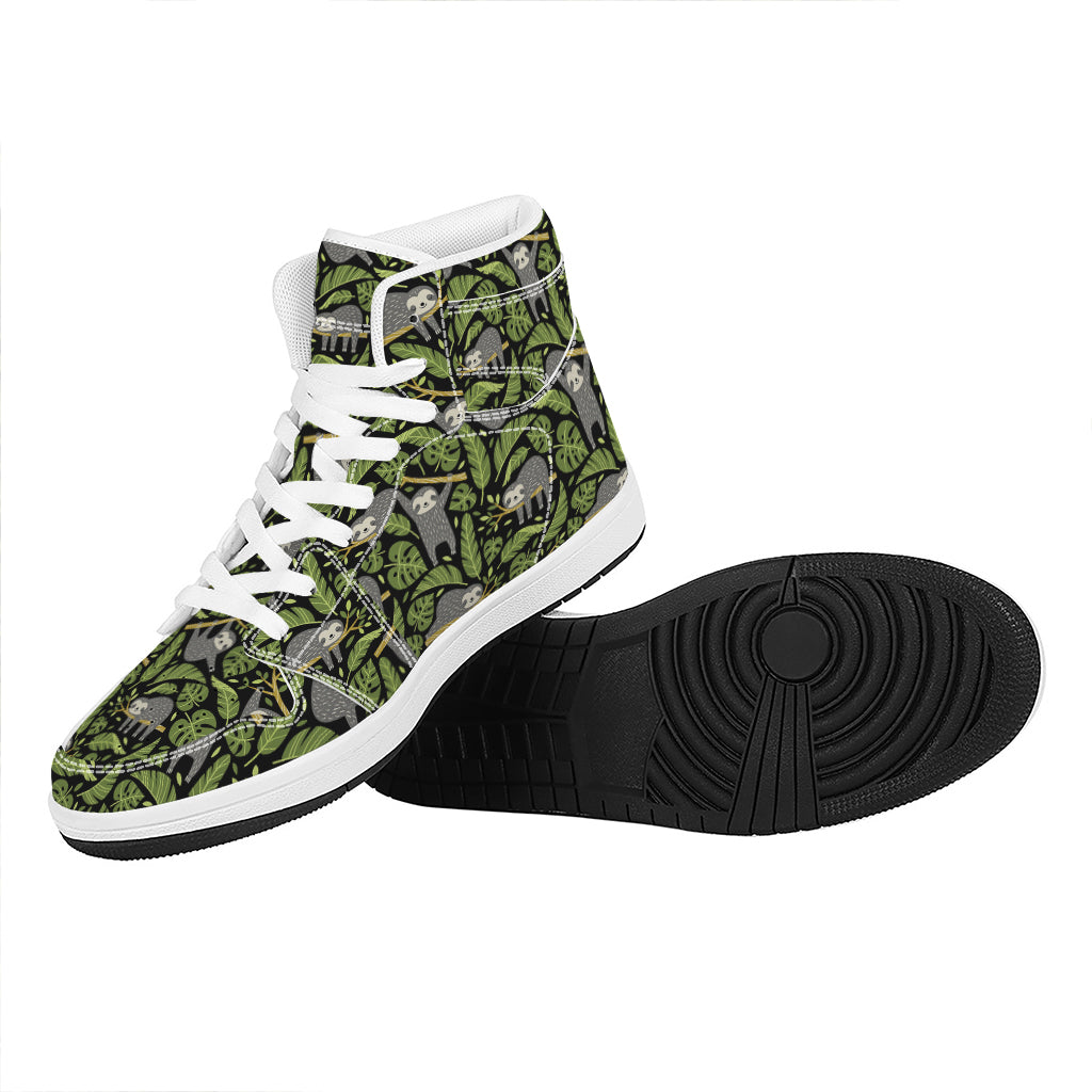 Tropical Sloth Pattern Print High Top Leather Sneakers