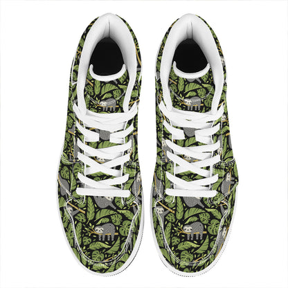 Tropical Sloth Pattern Print High Top Leather Sneakers