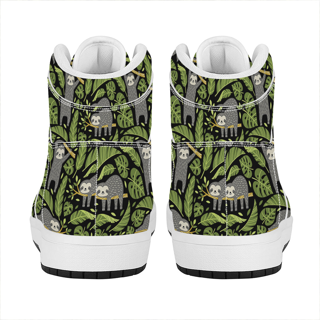 Tropical Sloth Pattern Print High Top Leather Sneakers