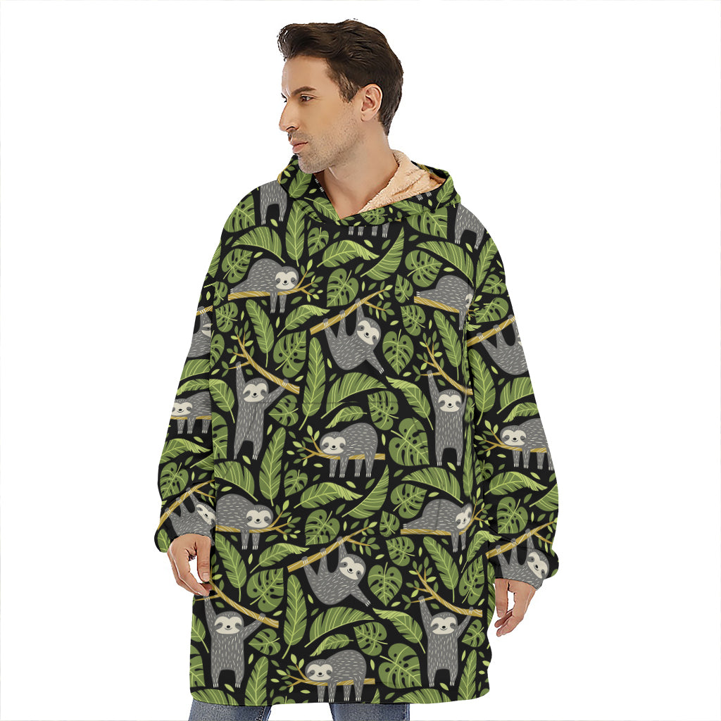 Tropical Sloth Pattern Print Hoodie Blanket