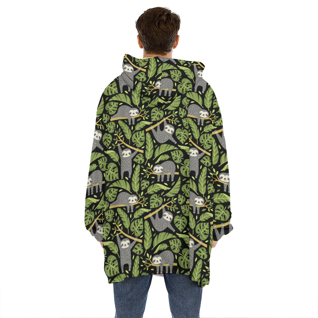 Tropical Sloth Pattern Print Hoodie Blanket