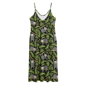 Tropical Sloth Pattern Print Jersey Midi Cami Dress