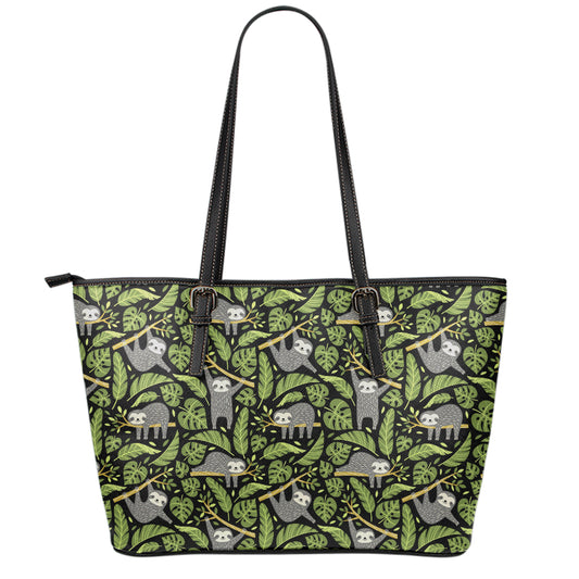 Tropical Sloth Pattern Print Leather Tote Bag