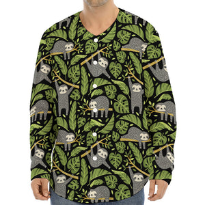 Tropical Sloth Pattern Print Long Sleeve Baseball Jersey