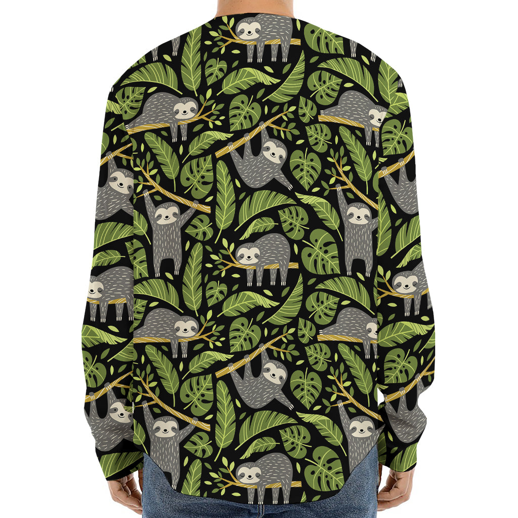 Tropical Sloth Pattern Print Long Sleeve Baseball Jersey