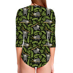 Tropical Sloth Pattern Print Long Sleeve Swimsuit