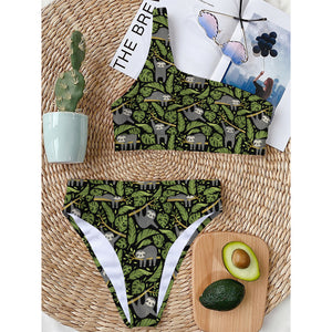 Tropical Sloth Pattern Print One Shoulder Bikini Top