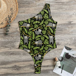 Tropical Sloth Pattern Print One Shoulder Bodysuit