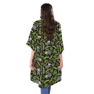 Tropical Sloth Pattern Print Open Front Beach Cover Up