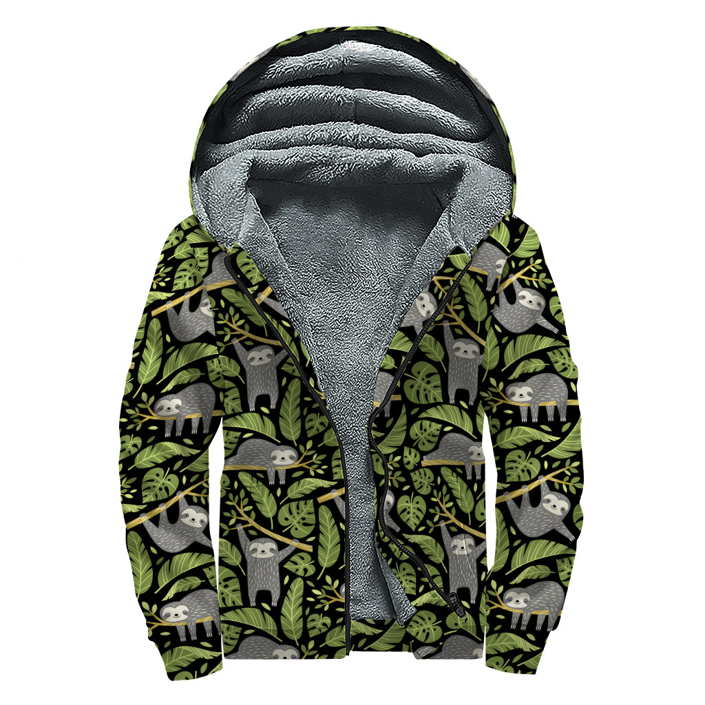 Tropical Sloth Pattern Print Sherpa Lined Zip Up Hoodie