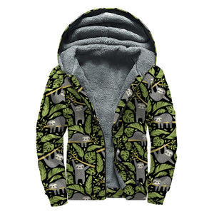 Tropical Sloth Pattern Print Sherpa Lined Zip Up Hoodie