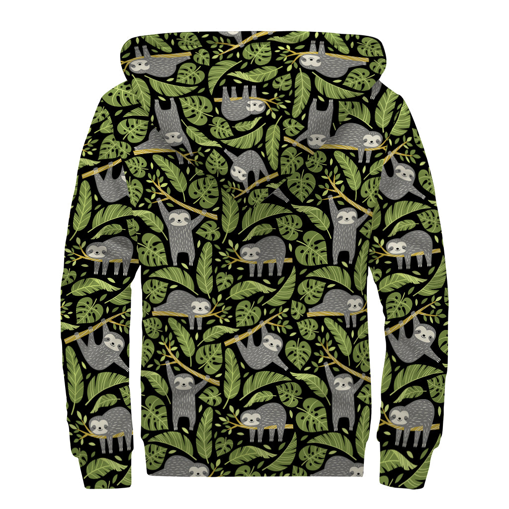 Tropical Sloth Pattern Print Sherpa Lined Zip Up Hoodie