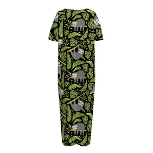 Tropical Sloth Pattern Print Short Sleeve Long Nightdress