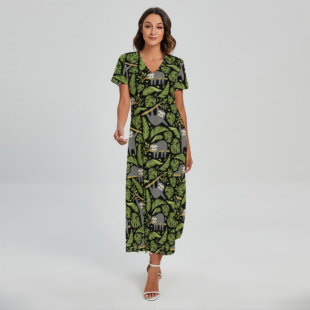 Tropical Sloth Pattern Print Short Sleeve Maxi Dress