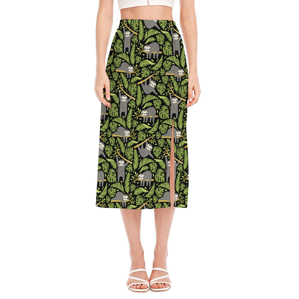 Tropical Sloth Pattern Print Side Slit Midi Skirt