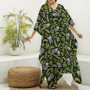 Tropical Sloth Pattern Print Silk V-Neck Kaftan Dress