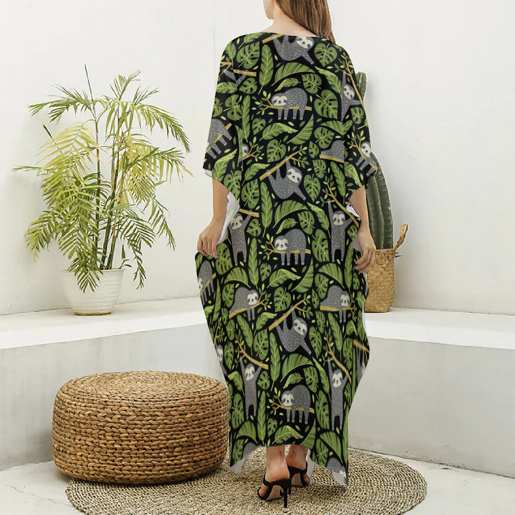 Tropical Sloth Pattern Print Silk V-Neck Kaftan Dress