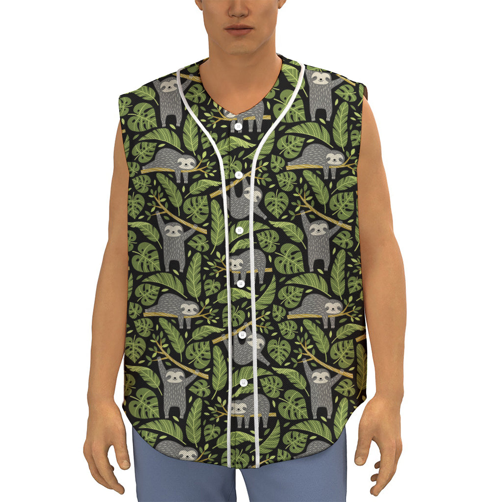 Tropical Sloth Pattern Print Sleeveless Baseball Jersey