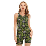 Tropical Sloth Pattern Print Sleeveless One Piece Swimsuit