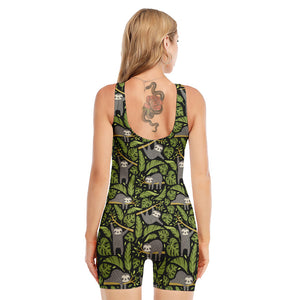 Tropical Sloth Pattern Print Sleeveless One Piece Swimsuit