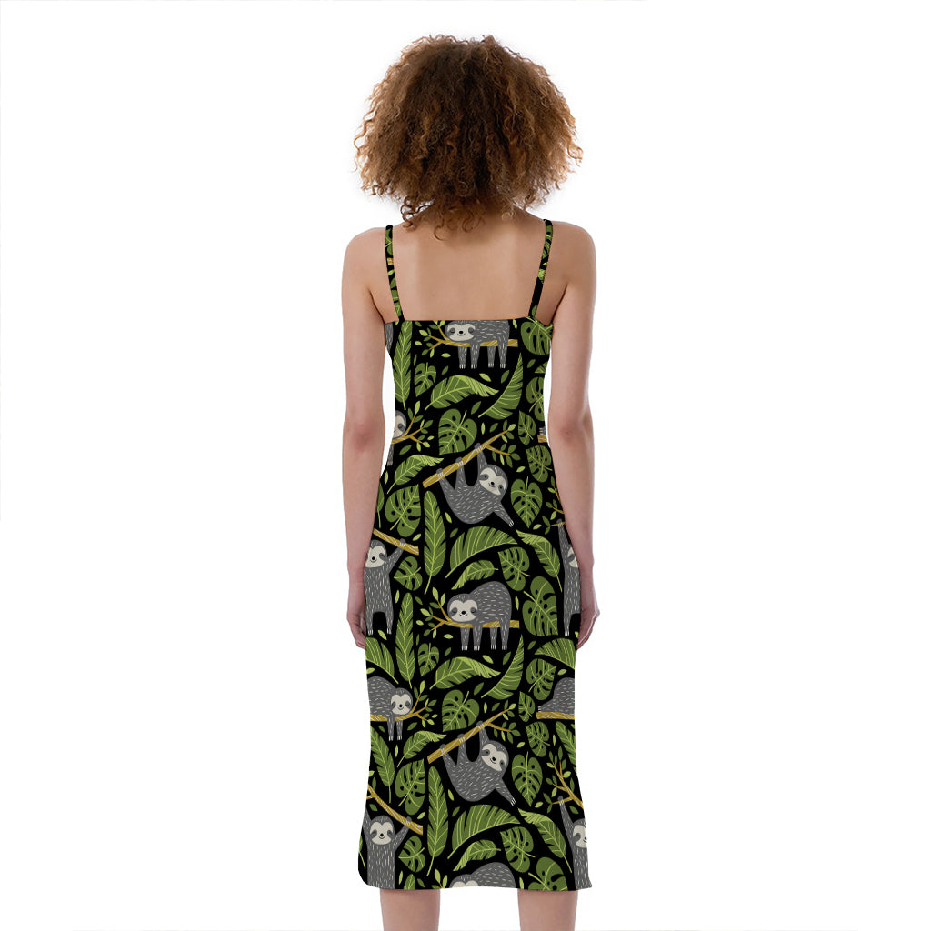 Tropical Sloth Pattern Print Slim Fit Midi Cami Dress