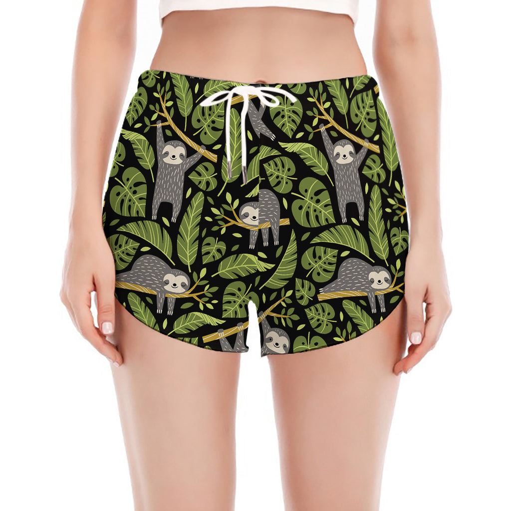 Tropical Sloth Pattern Print Women's Split Running Shorts