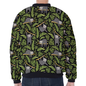 Tropical Sloth Pattern Print Zip Sleeve Bomber Jacket