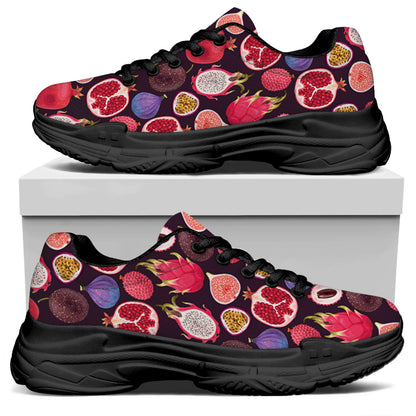 Tropical Summer Fruits Pattern Print Black Chunky Shoes