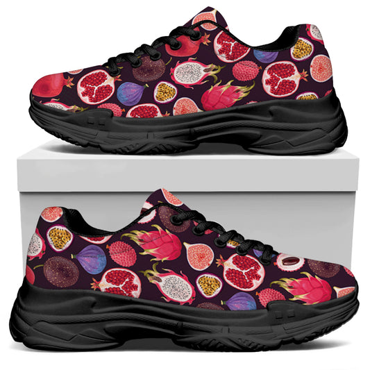 Tropical Summer Fruits Pattern Print Black Chunky Shoes