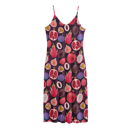 Tropical Summer Fruits Pattern Print Jersey Midi Cami Dress