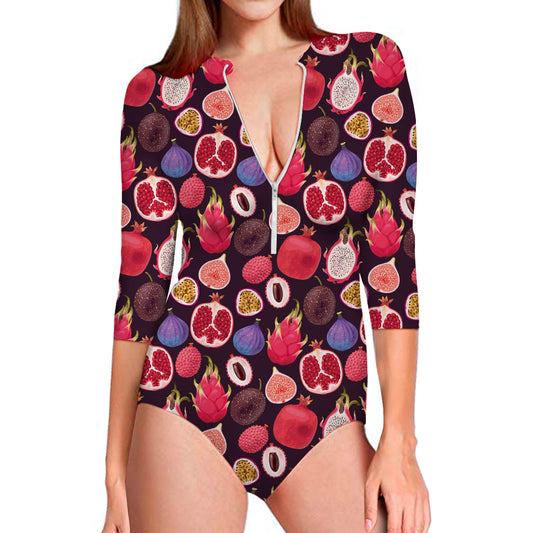 Tropical Summer Fruits Pattern Print Long Sleeve Swimsuit