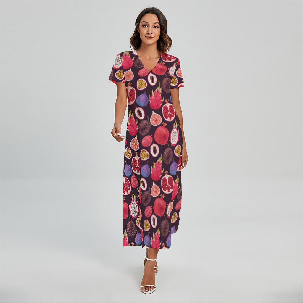 Tropical Summer Fruits Pattern Print Short Sleeve Maxi Dress