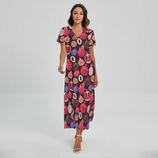 Tropical Summer Fruits Pattern Print Short Sleeve Maxi Dress