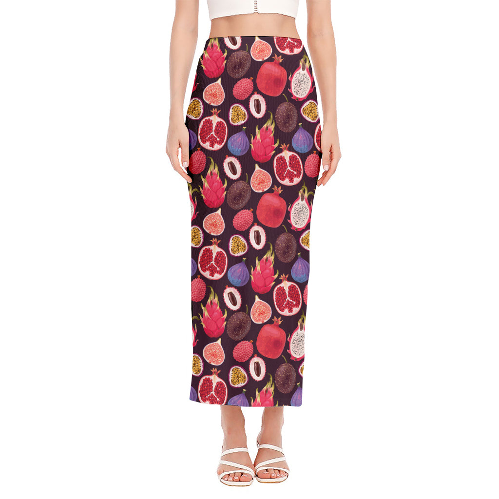 Tropical Summer Fruits Pattern Print Side Slit Maxi Skirt
