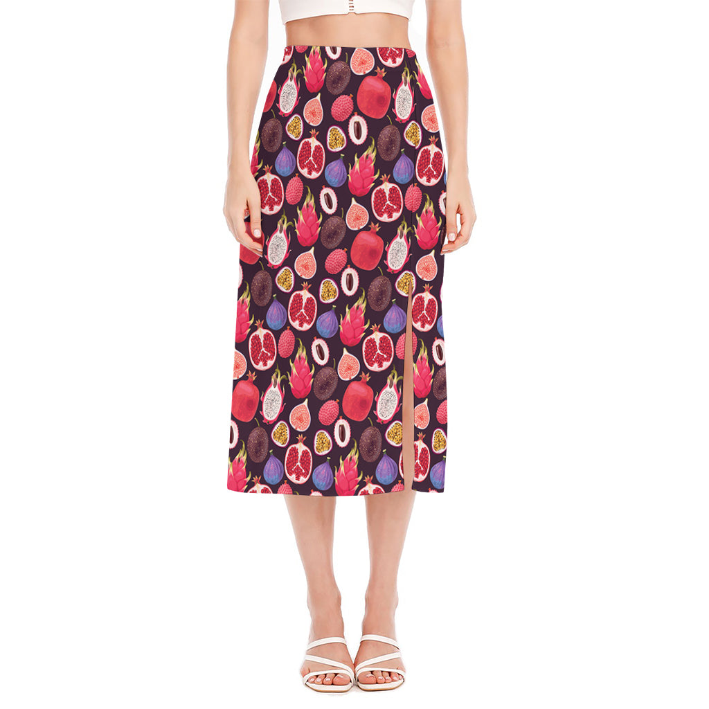 Tropical Summer Fruits Pattern Print Side Slit Midi Skirt