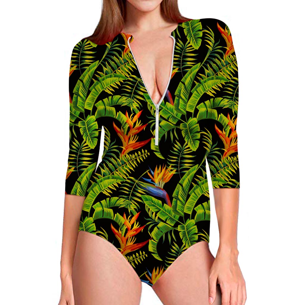 Tropical Summer Pattern Print Long Sleeve Swimsuit