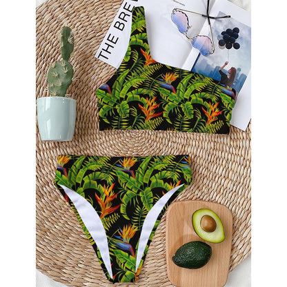 Tropical Summer Pattern Print One Shoulder Bikini Top