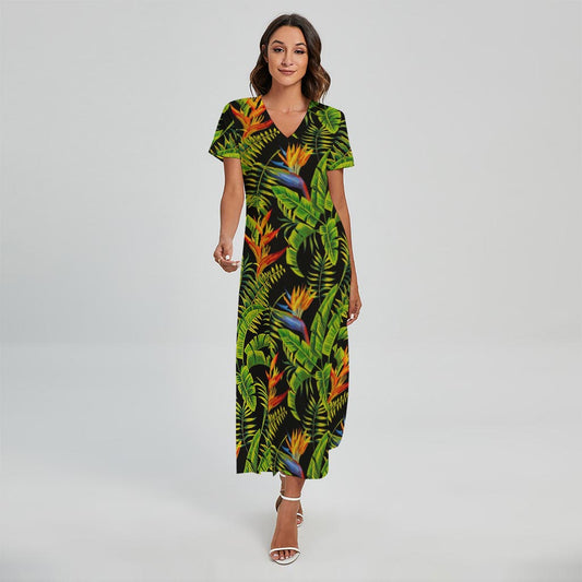 Tropical Summer Pattern Print Short Sleeve Maxi Dress