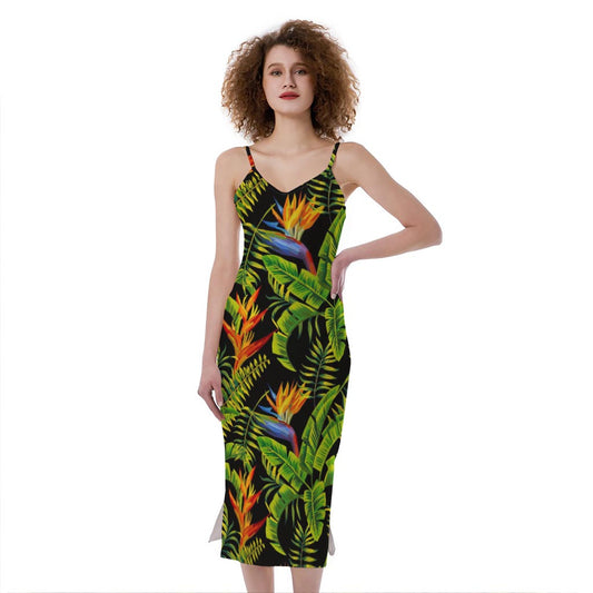 Tropical Summer Pattern Print Slim Fit Midi Cami Dress
